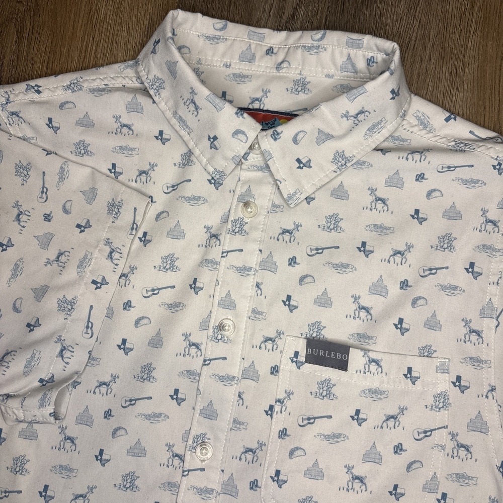 Burlebo Lone Star State Performance Button Up Shirt Men's Medium AOP Texas Deer